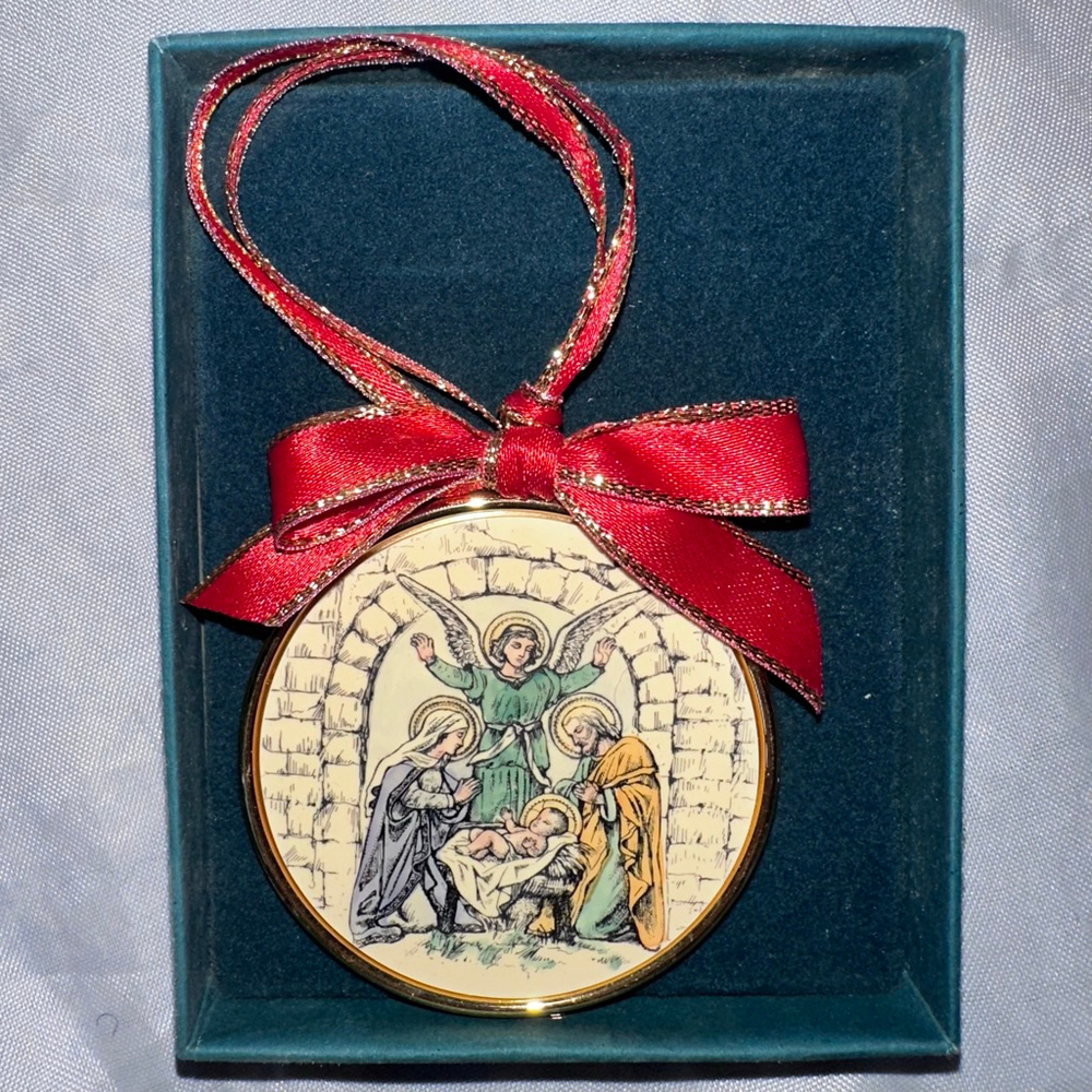 NOS Vintage Barlow Christmas Ornament Etched Holy Night Gold Frame in Box